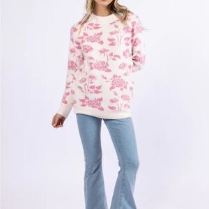 Pink Lily Oversized Floral Pink and White Women's Sweater